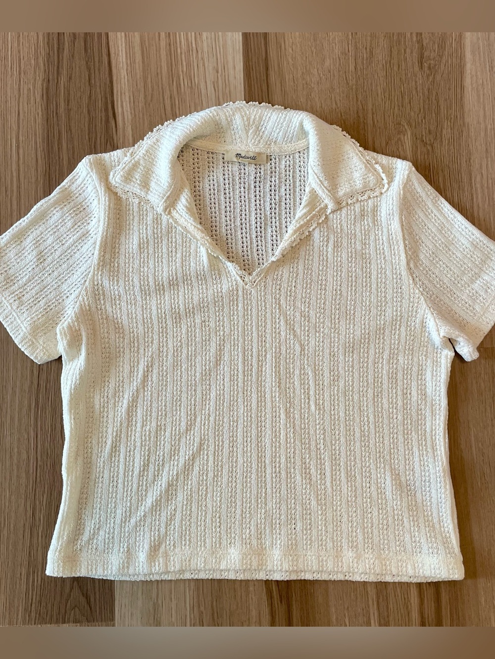 Madewell Women Medium Vintage Ivory Crochet-Knit V-Neck Tee Cottage Minimalist